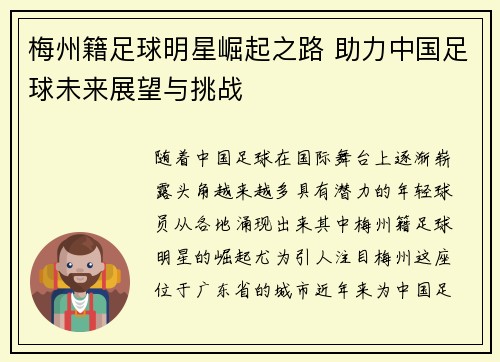 梅州籍足球明星崛起之路 助力中国足球未来展望与挑战