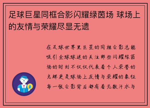 足球巨星同框合影闪耀绿茵场 球场上的友情与荣耀尽显无遗